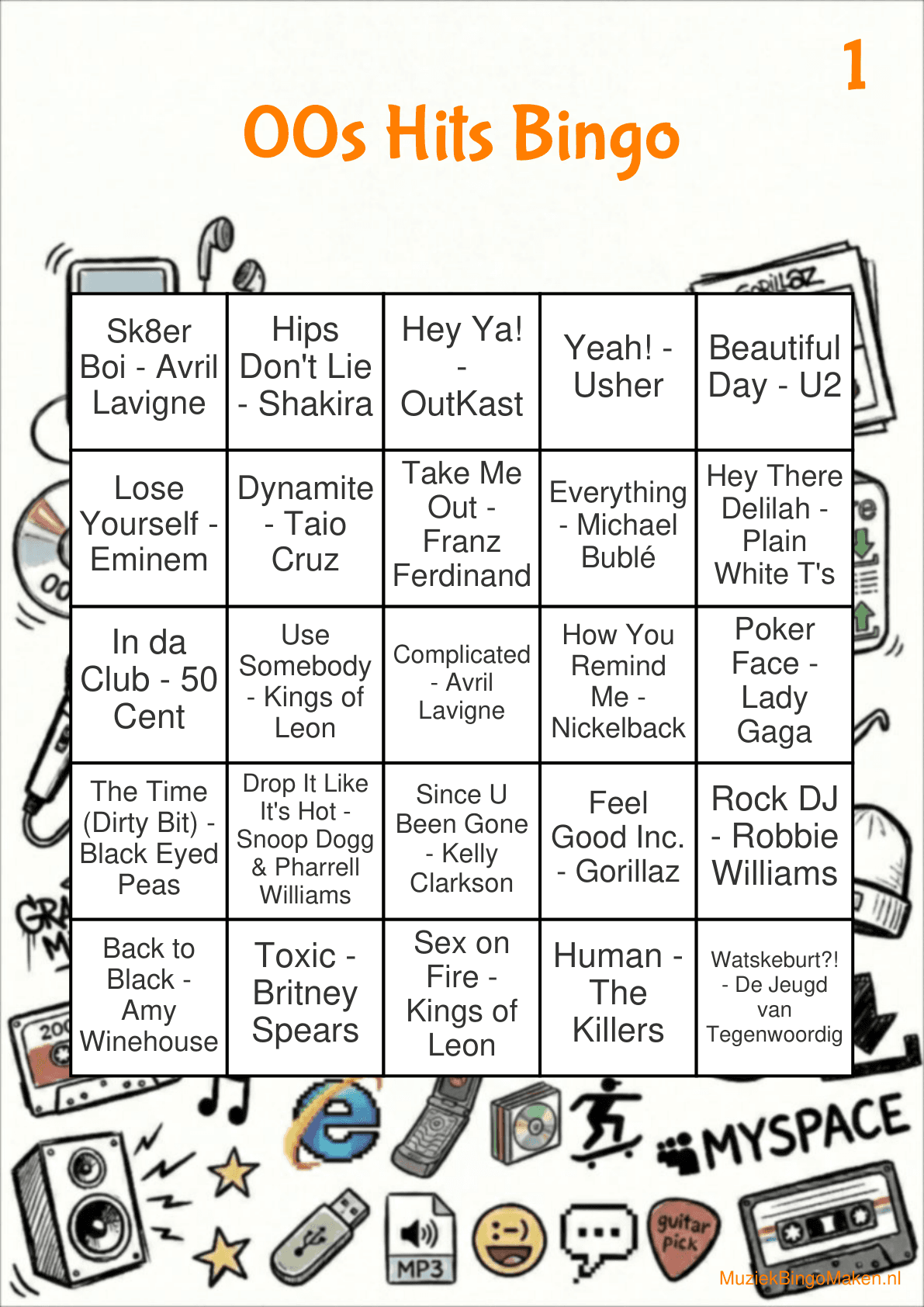 00s Hits Music Bingo